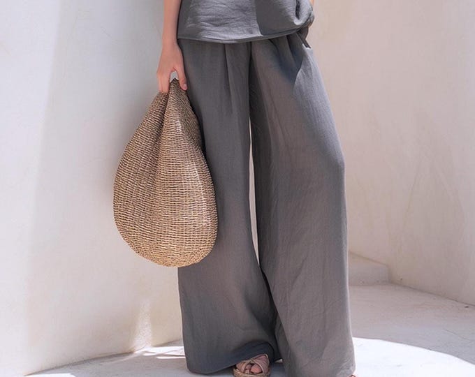 Anysize custom 100% linen pants floor length with pockets elastic waist spring summer plus size pants plus size clothing F44RL
