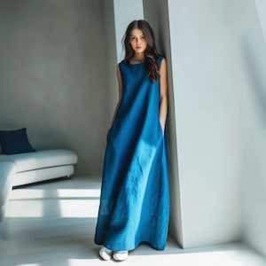Anysize custom 100% linen sleeveless loose maxi dress with side pockets spring summer plus size dress plus size clothing F98JL