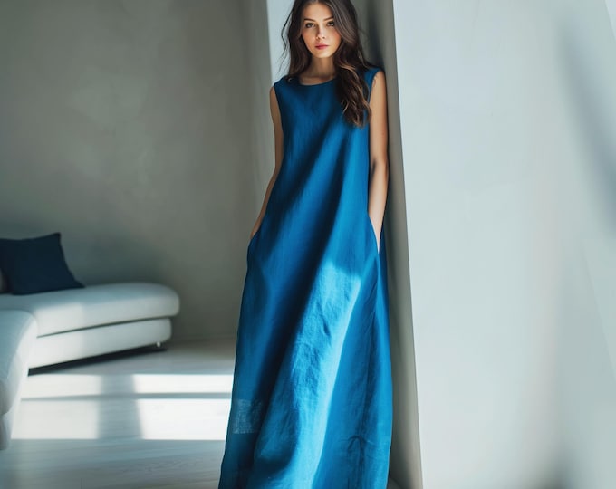 Anysize custom 100% linen sleeveless loose maxi dress with side pockets spring summer plus size dress plus size clothing F98JL