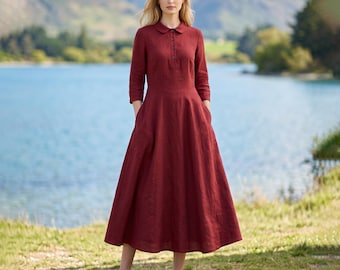 Anysize Custom Peter Pan Collar Linen Cotton Maxi Dress Button Front A Line Dress 3/4 Sleeves Fall Winter Dress With Pockets F28FN