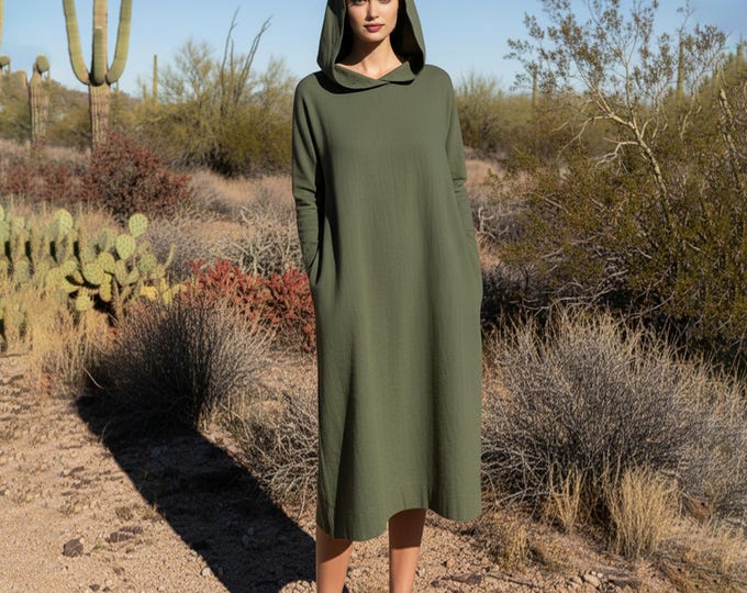 Anysize Custom Hooded Dress Soft Linen Cotton Tunic with Pockets Spring Fall Loose Dress Plus Size Dress Plus Size Clothing F2TE