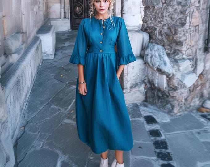 Anysize Custom Linen Dress with Pockets: Back Tie Spring Summer Plus Size Dress F58PL