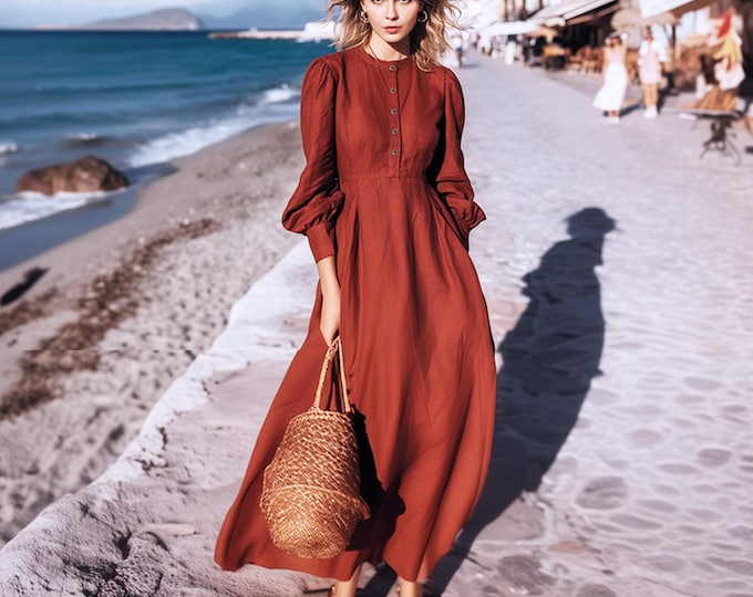 Anysize custom 100% linen long sleeves maxi dress with pockets back tied spring fall plus size dress plus size clothing F9SL