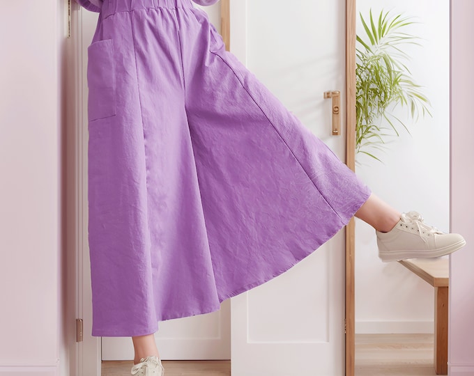 Anysize custom 100% linen wide leg pants culottes cropped trousers with pockets elastic waist spring summer plus size pants F497L