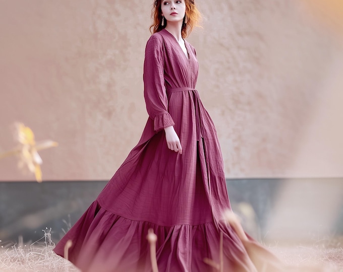 Anysize custom belted V-neck linen dress in maxi length cotton loose dress with pockets spring fall plus size dress plus size clothing F942N