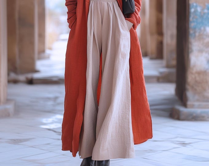 Anysize custom linen cotton wide leg pants with side pockets elastic waist plus size pants spring fall winter plus size clothing F638N