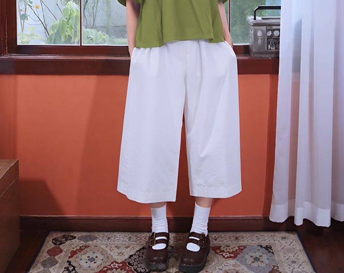 Anysize elastic waist linen cotton cropped trousers wide leg casual loose plus size trousers pants custom plus size F14DQ