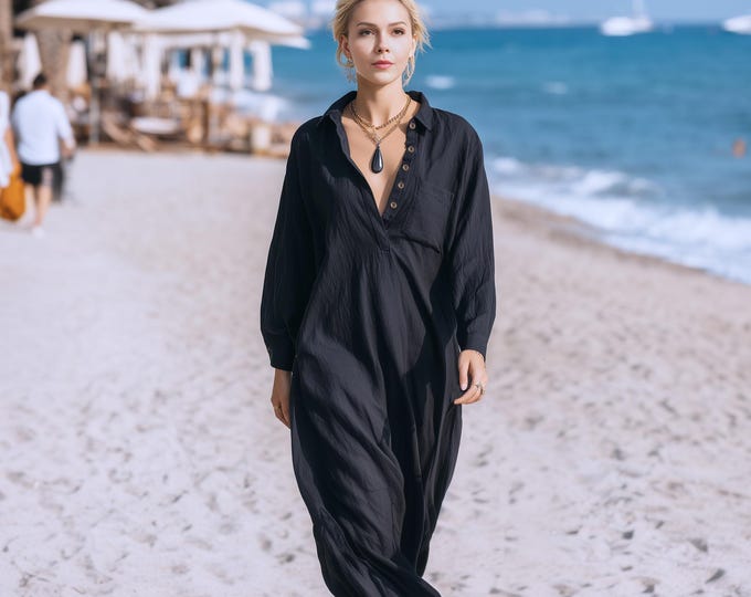 Anysize custom shirt collar soft linen cotton plus size dress with functional buttons side pockets spring fall plus size clothing F39PE