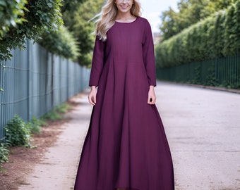 Anysize custom long sleeves 100% linen maxi classic A-line retro dress with pockets spring summer plus size dress plus size clothing F494L