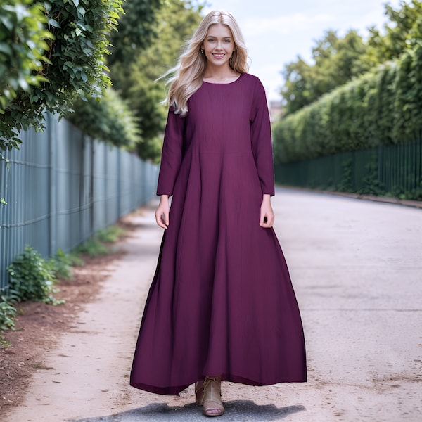 Anysize custom long sleeves 100% linen maxi classic A-line retro dress with pockets spring summer plus size dress plus size clothing F494L