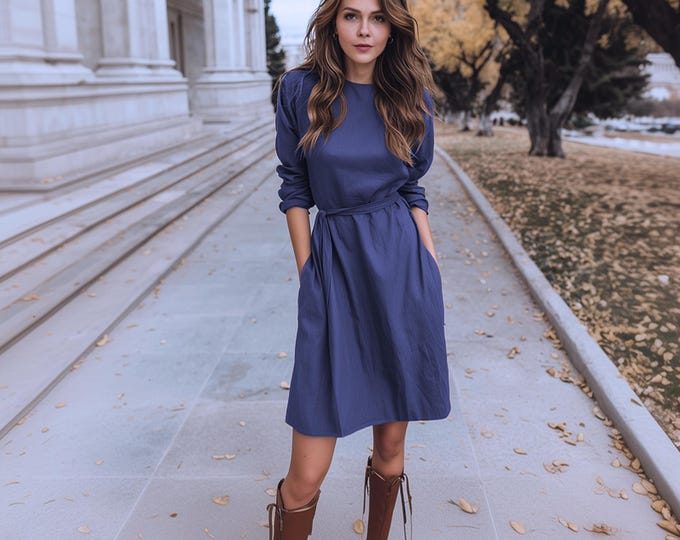 Anysize Custom Linen Cotton Midi Dress with Belt & Pockets - Plus Size Spring Fall F50PN