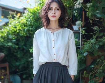 Anysize custom linen cotton blouse with long sleeves plus size shirt plus size tops plus size clothing spring fall tops F733N