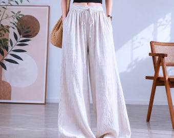Anysize Custom 100% Linnen Wijde Pijpen Broek Elastische Taille Trekkoord Broek Losse Zomerbroek Minimale Loungebroek Met Zakken F77WL