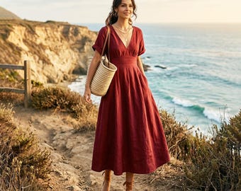 Abito da donna in lino 100%, taglia unica, con scollo a V profondo, vita aderente, linea ad A, tasche, ideale per le vacanze estive, con cerniera posteriore. F93UL