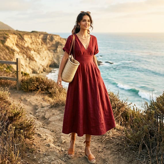 Anysize Custom 100% Linen Dress for Women Deep V Neck Fitted Waist A Line Dress With Pockets Summer Vacation Outfit Back Zipper Dress F93UL