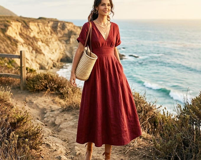 Anysize Custom 100% Linen Dress for Women Deep V Neck Fitted Waist A Line Dress With Pockets Summer Vacation Outfit Back Zipper Dress F93UL