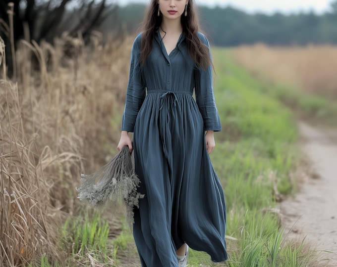 Anysize custom collared soft linen cotton plus size dress with functional buttons side pockets spring fall plus size clothing F782E