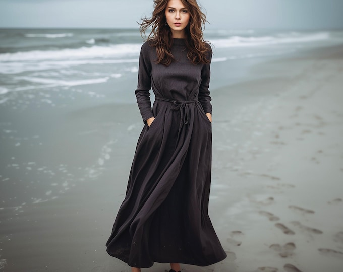 Anysize custom linen cotton maxi dress long sleeves with belt side pockets spring fall retro plus size dress plus size clothing F88PN