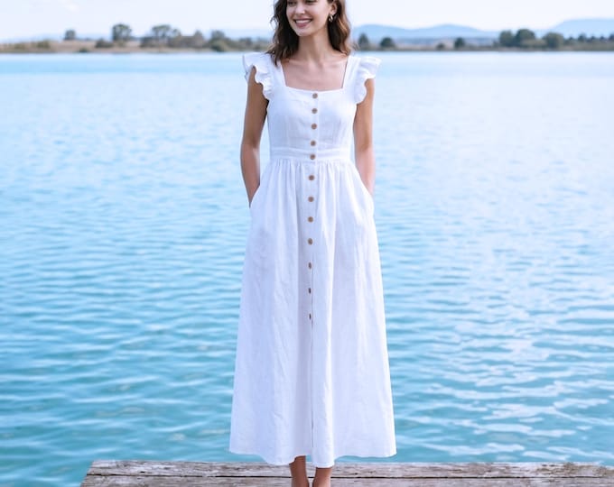 Anysize Custom 100% Linen Dress Square Neck Maxi Dress Button Front Ruffle Sleeve Plus Size Dress Summer Dress With Pockets F17WL