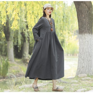 Anysize spring summer fall long sleeves tunic dress with side pockets maxi dress plus size clothing soft linen cotton dress T165Q