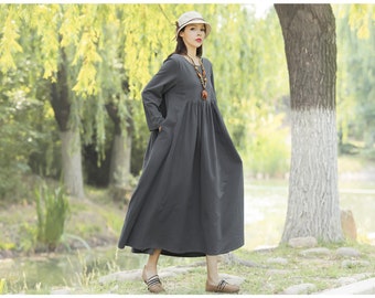 Anysize spring summer fall long sleeves tunic dress with side pockets maxi dress plus size clothing soft linen cotton dress T165A