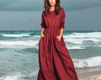 Anysize custom cotton linen maxi dress with pockets with side pockets spring fall winter plus size dress plus size clothing F70PN