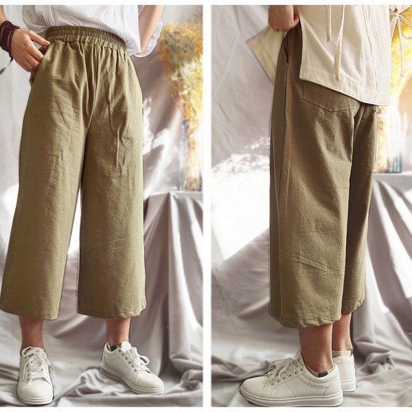 Anysize elastic waist linen cotton cropped trousers casual loose plus size trousers super wide leg cropped trousers custom plus size P16Q