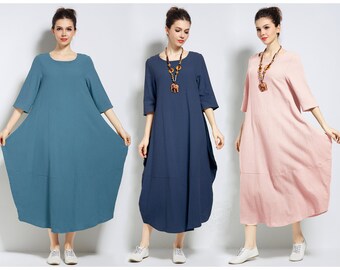 Anysize SALE lantern style with side pockets soft linen cotton loose dress spring summer fall plus size dress plus size clothing F153A