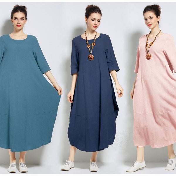 Anysize SALE lantern style with side pockets soft linen cotton loose dress spring summer fall plus size dress plus size clothing F153A