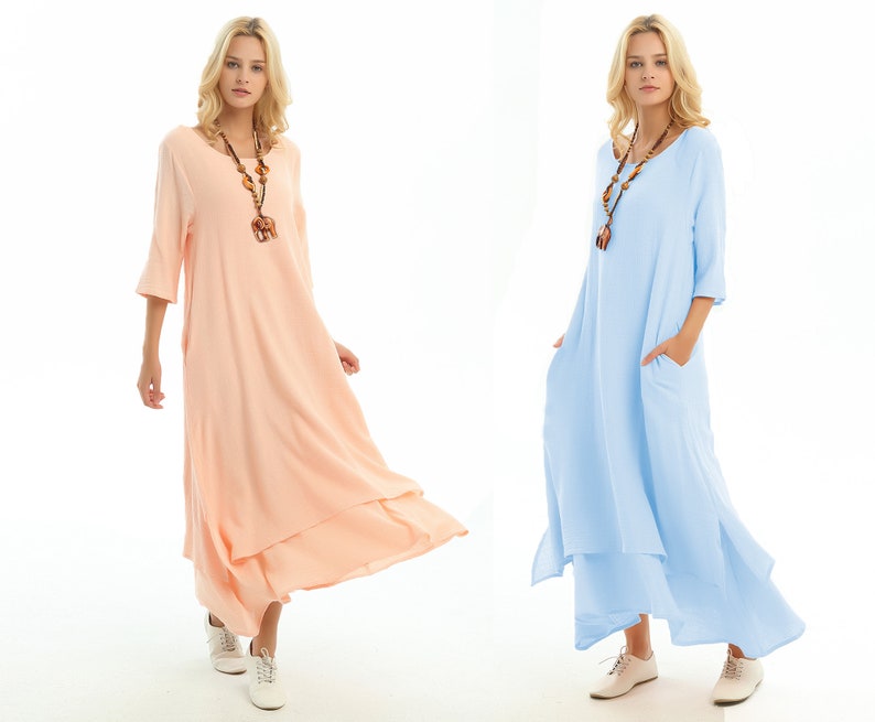 Anysize with side pockets soft linen cotton loose dress spring summer maxi plus size dress plus size clothing F147A 