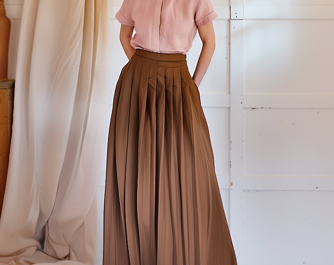 Anysize custom pleated full skirt 100% linen maxi length skirt elastic waist spring summer full plus size skirt plus size clothing F423BL