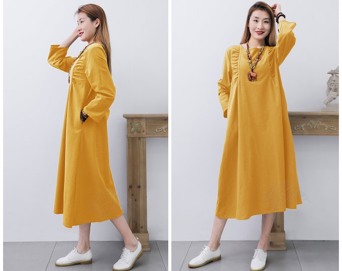 Anysize with side pockets concise soft linen cotton loose dress spring fall maxi plus size dress F231Q