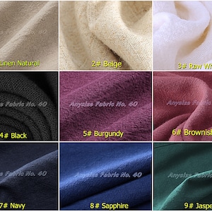 May include: Nine fabric swatches in different colors, including linen natural, beige, raw white, black, burgundy, brownish red, navy, sapphire, and jasper. Each swatch is labeled with a number and color name.