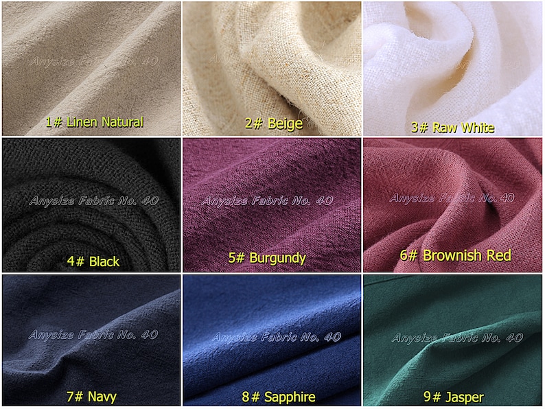 May include: Nine fabric swatches in different colors, including linen natural, beige, raw white, black, burgundy, brownish red, navy, sapphire, and jasper. Each swatch is labeled with a number and color name.