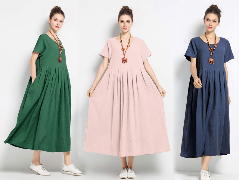 Anysize spring summer pleated dress soft linen cotton loose dress with side pockets plus size dress maxi fall dress clothing F122A 