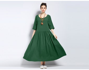 Anysize with side pockets soft linen cotton loose dress spring summer fall dress plus size dress plus size clothing F150A