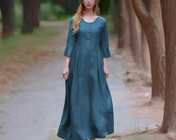 Anysize custom 3/4 flare sleeves soft linen cotton maxi dress with functional buttons side pockets spring fall plus size clothing F536E