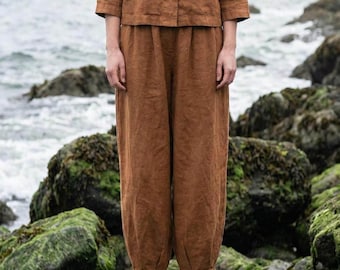 Anysize custom 100% linen pants with pockets elastic waist spring summer plus size pants plus size clothing F77TL