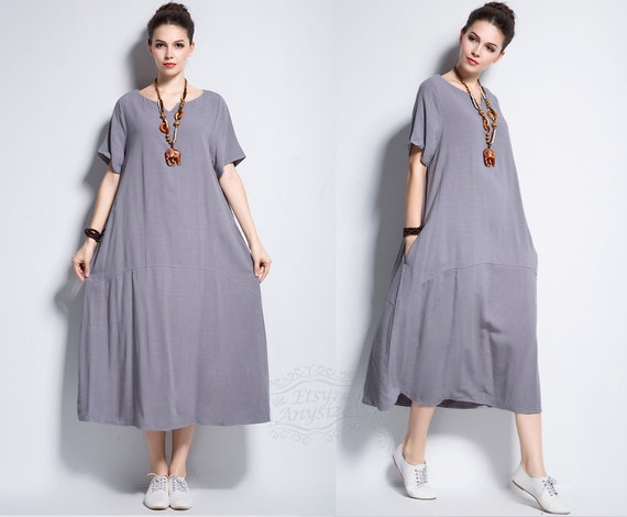 Anysize V Neck Soft Linen Dress With Invisible Pockets Plus Size