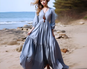 Anysize custom V-neck linen dress in maxi length cotton loose dress with pockets spring fall plus size dress plus size clothing F378N