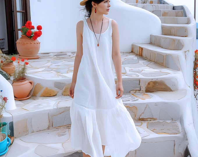 Anysize custom 100% linen sleeveless loose maxi dress with side pockets spring summer plus size dress plus size clothing F435L