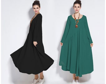Anysize Long Sleeves Dirndl Skirt Linen Cotton Maxi Dress With | Etsy