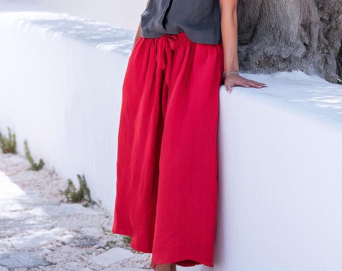 Anysize custom 100% linen wide leg pants elastic waist with pockets drawstrings spring summer plus size pants plus size clothing F31RL