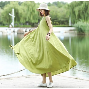 Anysize sleeveless big expansion dress V-neck spring summer linen cotton flowy dress plus size dress plus size clothing T201Q