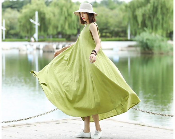 Anysize sleeveless big expansion dress V-neck spring summer linen cotton flowy dress plus size dress plus size clothing T201Q