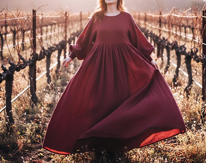 Anysize Custom Maxi Dress Soft Linen Cotton Puff sleeves Loose Dress Plus Size Round Neck Dress With Side Pockets Plus Size Clothing F93SE