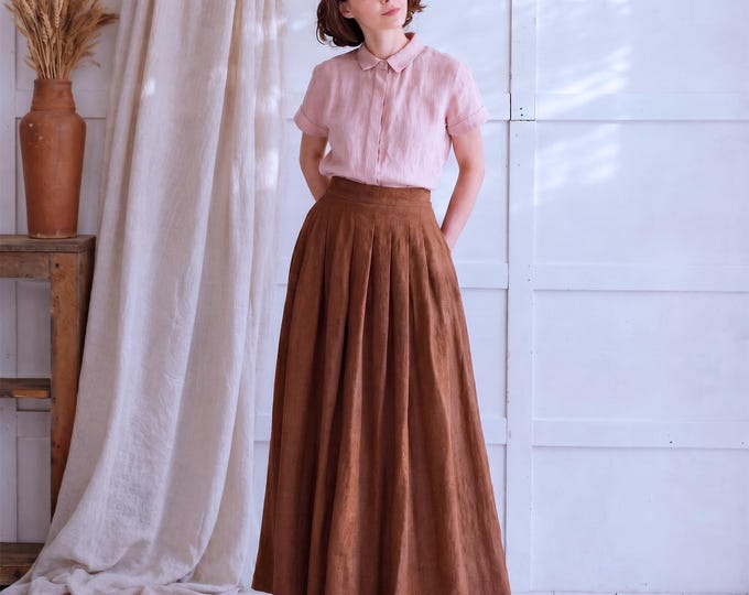 Anysize custom pleated full skirt 100% linen maxi length skirt elastic waist spring summer full plus size skirt plus size clothing F423BL