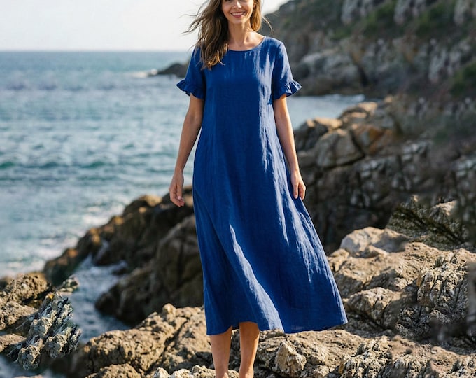 Anysize Custom 100% Linen Dress With Lotus Leaf Cuff Sleeves Side Pockets Spring Summer Plus Size Dress Plus Size Clothing F9UL