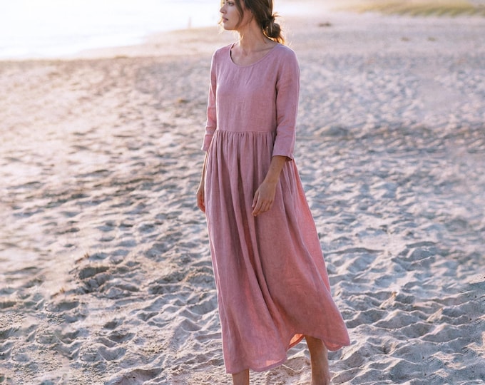 Anysize Custom 100% Linen Dress 3/4 Sleeves With Side Pockets Pleated Loose Spring Summer Full Plus Size Dress Plus Size Clothing F69TL