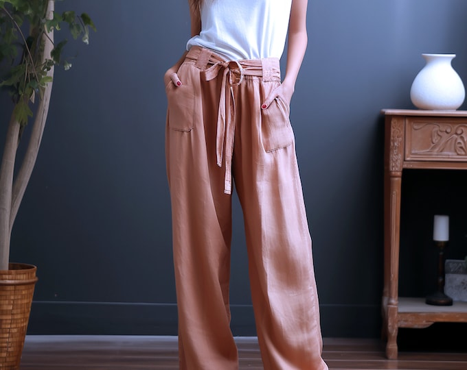 Anysize custom 100% linen elastic waist trousers with patch pockets casual loose spring summer plus size pants plus size clothing F380L